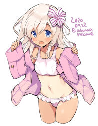 Rule 34 | 1girl, bikini, blonde hair, blue eyes, blush, collarbone, cropped legs, dated, groin, hair between eyes, jacket, kantai collection, long hair, long sleeves, navel, odawara hakone, open clothes, open jacket, open mouth, pink jacket, ro-500 (kancolle), simple background, smile, solo, swimsuit, tan, tanline, twitter username, white background, white bikini