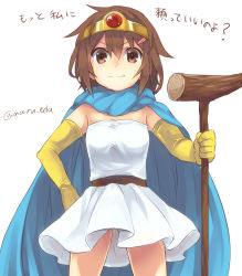 Rule 34 | &gt;:), 1girl, brown eyes, brown hair, cape, circlet, cosplay, dragon quest, dragon quest iii, dress, elbow gloves, fang, fang out, gloves, hair ornament, hairclip, highres, ikazuchi (kancolle), kantai collection, maruki (punchiki), sage (dq3), sage (dq3) (cosplay), short dress, simple background, solo, staff, v-shaped eyebrows, white background, white dress, yellow gloves