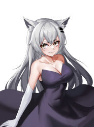 Rule 34 | 1girl, absurdres, alternate costume, animal ear fluff, animal ears, arknights, bare shoulders, breasts, cleavage, closed mouth, collarbone, covered navel, dress, elbow gloves, gloves, hair ornament, highres, lappland (arknights), large breasts, lazurite, purple dress, simple background, smile, solo, strapless, strapless dress, white background, white gloves, wolf ears, yellow eyes