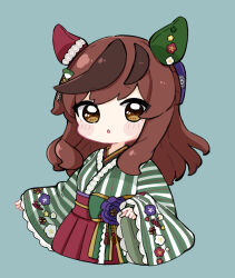 Rule 34 | 1girl, :o, animal ears, blue background, blush stickers, bow, brown eyes, brown hair, chibi, chibi only, commentary request, ear covers, flower, green bow, green kimono, hakama, hakama skirt, highres, horse ears, japanese clothes, kimono, long hair, long sleeves, looking at viewer, multicolored hair, nice nature (converging wishes) (umamusume), nice nature (new year) (umamusume), nice nature (umamusume), nozo (hitomiz), parted lips, purple flower, purple hakama, simple background, skirt, sleeves past wrists, solo, streaked hair, striped clothes, striped kimono, umamusume, vertical-striped clothes, vertical-striped kimono, wide sleeves