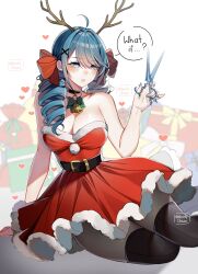 Rule 34 | 1girl, absurdres, ahoge, alternate costume, antlers, artist name, bare arms, bare shoulders, bell, belt, black belt, black choker, black thighhighs, blurry, blurry background, blush, bow, bowtie, box, breasts, choker, cleavage, dress, drill hair, gift, gift box, green bow, green bowtie, green hair, gwen (league of legends), hair bow, hair ornament, heart, highres, holding, holding scissors, horns, large breasts, league of legends, neck bell, noodychaan, red bow, red dress, santa dress, scissors, shiny skin, solo, strapless, strapless dress, teeth, thighhighs, twin drills, twintails, x hair ornament