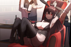 Rule 34 | 1girl, absurdres, animal ears, arm up, armpits, ass, bad id, bad pixiv id, bare shoulders, black leotard, black thighhighs, bobby36446329, breasts, bridal gauntlets, brown hair, chair, cleavage, detached collar, fake animal ears, feet, frown, garter straps, highleg, highleg leotard, highres, large breasts, leotard, long hair, looking at viewer, no shoes, open mouth, original, playboy bunny, rabbit ears, reclining, red eyes, sidelocks, solo focus, strapless, strapless leotard, thighhighs, thighs, v-shaped eyebrows, very long hair