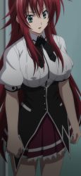Rule 34 | 10s, 1girl, absurdres, blue eyes, breasts, high school dxd, highres, large breasts, long hair, red hair, rias gremory, school uniform, solo, standing, stitched, third-party edit