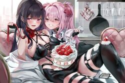 Rule 34 | 2girls, :d, ass, baking, bikini, black bikini, black gloves, black skirt, blush, boots, breasts, cake, cleavage, coat, collared shirt, dolechan, fingerless gloves, food, gloves, goddess of victory: nikke, grin, hair ribbon, highres, large breasts, leather bikini, leather skirt, long hair, lying, mihara (nikke), miniskirt, mole, mole under mouth, multiple girls, necktie, off shoulder, on back, open mouth, pencil skirt, pink hair, pink ribbon, purple eyes, red necktie, revealing clothes, ribbon, shirt, sidelocks, skirt, smile, swimsuit, thigh boots, twintails, white coat, white shirt, yuni (nikke)