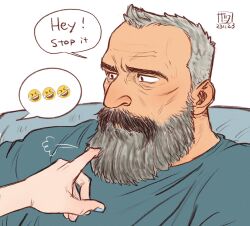 Rule 34 | 1boy, 1girl, aaron gruber (o natsuo88), beard, beard stubble, blue shirt, emoji, english text, facial hair, facial scar, grey hair, highres, long beard, madison (o natsuo88), mature male, mustache, o natsuo88, old, old man, original, out of frame, receding hairline, scar, scar on cheek, scar on face, shirt, short hair, simple background, speech bubble, stubble, thick beard, thick eyebrows, thick mustache, upper body, white background, wrinkled skin