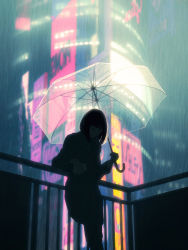 Rule 34 | 1girl, absurdres, against railing, backlighting, blurry, blurry background, building, bysau, closed eyes, closed mouth, coat, contrast, depth of field, digital media player, earbuds, earphones, highres, holding, holding umbrella, leaning back, long sleeves, night, original, outdoors, railing, rain, short hair, solo, transparent, transparent umbrella, umbrella
