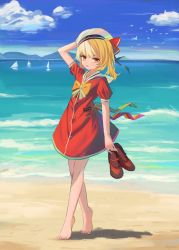 Rule 34 | 1girl, adapted costume, barefoot, beach, blonde hair, boat, cloud, clynxen, day, dress, flandre scarlet, footprints, full body, hat, highres, holding, holding clothes, holding footwear, holding shoes, looking at viewer, mountainous horizon, no wings, ocean, outdoors, red dress, red footwear, sailor collar, sailor dress, sailor hat, shoes, unworn shoes, short sleeves, sky, smile, solo, standing, tiptoes, toes, touhou, watercraft