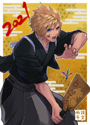 Rule 34 | 1boy, alternate costume, beckey9415, blonde hair, blue eyes, chocobo, cloud strife, facial mark, fighting stance, final fantasy, final fantasy vii, final fantasy vii remake, hagoita, hair between eyes, hand up, highres, holding, holding paddle, japanese clothes, lower teeth only, male focus, open mouth, paddle, short hair, shuttlecock, solo, spiked hair, teeth, upper body, upper teeth only