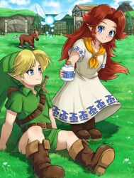 1boy 1girl belt blue_eyes blue_sky blush boots bottle brown_footwear brown_hair closed_mouth cloud commentary dress english_commentary epona fairy fairy_wings fence fgsketch green_hat green_tunic hat highres holding holding_bottle holding_glass_bottle horse link lon_lon_milk long_hair malon navi nintendo outdoors pointy_ears print_dress scarf sky smile standing sword the_legend_of_zelda the_legend_of_zelda:_ocarina_of_time tunic weapon weapon_on_back white_dress wings wooden_fence yellow_scarf young_link