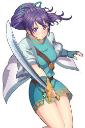 Rule 34 | 1girl, aqua ribbon, bare legs, blue dress, blue gloves, breasts, commentary, cowboy shot, dress, fingerless gloves, fir (fire emblem), fire emblem, fire emblem: the binding blade, gloves, hair ribbon, haori, highres, holding, holding sword, holding weapon, ibushi (oath), japanese clothes, katana, long hair, looking at viewer, medium breasts, nintendo, ponytail, purple eyes, purple hair, ribbon, short dress, simple background, solo, sword, thighs, weapon, white background