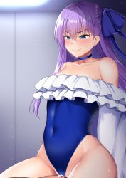 Rule 34 | 1boy, 1girl, :q, assertive female, bare shoulders, blue choker, blue eyes, blue one-piece swimsuit, blush, breasts, choker, collarbone, covered navel, cowgirl position, cum, cum in pussy, faceless, faceless male, fate/grand order, fate (series), frilled one-piece swimsuit, frilled swimsuit, frills, girl on top, groin, hair between eyes, hair ribbon, half updo, hetero, highres, hip bones, implied sex, kisaragi nana, licking lips, long hair, meltryllis, meltryllis (fate), meltryllis (swimsuit lancer) (fate), meltryllis (swimsuit lancer) (second ascension) (fate), narrow waist, off-shoulder one-piece swimsuit, off shoulder, one-piece swimsuit, parted hair, purple hair, ribbon, sleeves past wrists, small breasts, straddling, sweat, swimsuit, tongue, tongue out, v-shaped eyebrows, very long hair