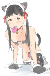 Rule 34 | 1boy, all fours, animal ears, black hair, blush, brown eyes, cat ears, cat tail, chastity cage, condom, condom in mouth, crossdressing, fake animal ears, fake tail, long hair, male focus, mouth hold, original, penis, precum, small penis, smile, solo, t1982, tail, thighhighs, trap, twintails