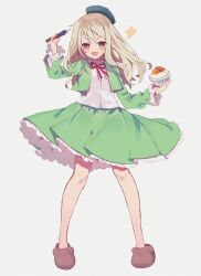 Rule 34 | 1girl, blonde hair, blue headwear, bowl, brown footwear, cropped jacket, fate (series), frilled skirt, frills, full body, green jacket, green skirt, highres, holding, holding bowl, holding pen, illyasviel von einzbern, jacket, long hair, long sleeves, looking at viewer, neck ribbon, nib pen (object), open clothes, open jacket, open mouth, oyakodon (food), pen, red eyes, red ribbon, ribbon, shirt, skirt, smile, solo, tomo (ryo i so ), white shirt