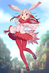 Rule 34 | 10s, 1girl, :o, black footwear, blunt bangs, blurry, blurry background, blush, breasts, buttons, cameltoe, cloud, commentary request, crotch seam, day, flying, frilled sleeves, frills, full body, fur trim, gloves, head wings, highres, japanese crested ibis (kemono friends), kemono friends, knees together feet apart, long hair, long sleeves, looking afar, mary janes, medium breasts, midriff peek, multicolored hair, nature, neck ribbon, open mouth, outdoors, pantyhose, pleated skirt, pleated sleeves, red gloves, red hair, red pantyhose, red ribbon, red skirt, ribbon, shirt, shoes, skirt, solo, streaked hair, sunlight, tail, thigh gap, tongue, upskirt, warabimochi kinako, white hair, white shirt, wide sleeves, wings, yellow eyes