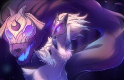 Rule 34 | 1girl, absurdres, animal ears, artist name, body fur, fleesveon, from side, grey fur, highres, kindred (league of legends), lamb (league of legends), league of legends, long hair, looking back, mask, open mouth, purple background, purple eyes, sharp teeth, sheep ears, sheep tail, tail, teeth, watermark, wolf (league of legends)