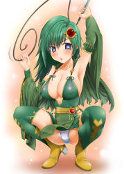 Rule 34 | 1990s (style), 1girl, aged up, aitanikofu, armpits, blush, boots, breasts, cleavage, covered erect nipples, final fantasy, final fantasy iv, green hair, green thighhighs, hair ornament, large breasts, panties, retro artstyle, rydia (ff4), solo, squatting, striped clothes, striped panties, thighhighs, underwear, whip, yellow footwear