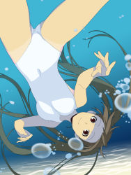 Rule 34 | 1girl, brown eyes, brown hair, bubble, highres, ino (magloid), kousaka rino, long hair, ocean, one-piece swimsuit, otome function, smile, solo, swimming, swimsuit, twintails, underwater, upside-down, white one-piece swimsuit