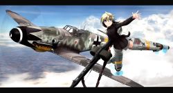 Rule 34 | 1girl, 1other, aircraft, airplane, balkenkreuz, bf 109, black eyes, black hair, black jacket, blonde hair, blue sky, blurry, blurry background, bright pupils, closed mouth, cloud, cloudy sky, cross, day, depth of field, double-drum magazine, drum magazine, dual drum magazine, erica hartmann, flying, general-purpose machine gun, gradient hair, gun, gun sling, high-capacity magazine, highres, holding, holding gun, holding weapon, jacket, kk90, letterboxed, long sleeves, looking at viewer, machine gun, magazine (weapon), mg42, military, military uniform, military vehicle, motion blur, multicolored hair, no pants, outdoors, roundel, saddle-drum, scenery, short hair, sky, smirk, strike witches, striker unit, tail, two-tone hair, uniform, v-shaped eyebrows, vehicle focus, weapon, white pupils, world witches series
