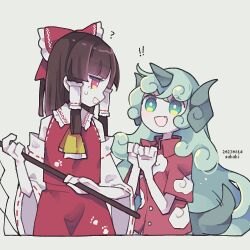 Rule 34 | !, !!, 2girls, ?, ascot, bare shoulders, black hair, blush, bow, cloud print, collared shirt, cosmicmind, curly hair, dated, detached sleeves, fang, gohei, green eyes, green hair, grey background, hair bow, hair tubes, hakurei reimu, holding, holding gohei, horns, japanese clothes, kariyushi shirt, komano aunn, long hair, multiple girls, nontraditional miko, one-hour drawing challenge, open mouth, red bow, red eyes, red shirt, red skirt, ribbon-trimmed sleeves, ribbon trim, shirt, short sleeves, sidelocks, simple background, single horn, skirt, smile, touhou, white sleeves, wide sleeves, yellow ascot