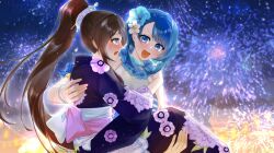 Rule 34 | 2girls, :d, aerial fireworks, aizawa kazuha, aqua eyes, assault lily, asymmetrical hair, bikini, blue bikini, blue eyes, blue flower, blue hair, blue kimono, blush, bracelet, breasts, brown hair, carrying, cleavage, commentary request, eye contact, fireworks, floral print, flower, flower necklace, hair flower, hair ornament, hair stick, halterneck, hand on another&#039;s shoulder, hibiscus, high ponytail, japanese clothes, jewelry, kimono, lei, long hair, long sleeves, looking at another, medium breasts, medium hair, miya hiroya (vie), multiple girls, necklace, night, night sky, nose blush, obi, official alternate costume, open mouth, outdoors, ponytail, princess carry, print kimono, profile, ring, sash, see-through, serizawa chikaru, sky, smile, standing, striped bikini, striped clothes, swimsuit, upper body, v-shaped eyebrows, very long hair, white flower, wide sleeves, yuri