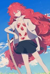Rule 34 | androgynous, bad id, bad twitter id, blue sky, cloud, day, elbow gloves, gem, gender request, gloves, highres, houseki no kuni, leaning on object, long hair, looking at viewer, open clothes, open shirt, padparadscha (houseki no kuni), red eyes, red hair, shirt, shorts, sky, solo, sword, thighhighs, very long hair, wavy hair, weapon