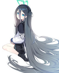 Rule 34 | 1girl, absurdly long hair, aqua halo, aris (blue archive), black footwear, black hairband, black skirt, blue archive, blue eyes, blush, deatheach, grey hair, hair between eyes, hairband, halo, head tilt, highres, jacket, long hair, long hair between eyes, long sleeves, looking at viewer, one side up, pleated skirt, rectangular halo, simple background, sitting, skirt, smile, socks, solo, striped clothes, striped socks, very long hair, white background