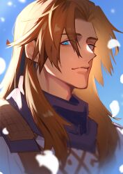 Rule 34 | 1boy, absurdres, blue eyes, blurry, brown hair, chiron (fate), closed mouth, depth of field, falling petals, fate/grand order, fate (series), haruakira, highres, long hair, looking at viewer, male focus, mature male, outdoors, petals, ringed eyes, short hair, solo, upper body