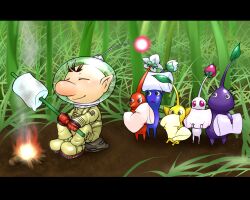 Rule 34 | 1boy, alien, arms up, big nose, black eyes, blue pikmin, blue skin, blush, brown hair, bud, buttons, campfire, closed eyes, closed mouth, colored skin, commentary request, flower, food, gloves, grass, helmet, holding, holding food, holding stick, leaf, looking at another, marshmallow, nintendo, olimar, patch, pikmin (creature), pikmin (series), pointy ears, pointy nose, purple hair, purple pikmin, purple skin, radio antenna, red eyes, red gloves, red pikmin, red skin, roasted marshmallow, rouko605, short hair, sitting, smile, space helmet, spacesuit, stick, triangle mouth, very short hair, white flower, white pikmin, white skin, yellow pikmin, yellow skin