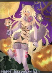 Rule 34 | 1girl, :d, animal ears, astolfo (fate), bad id, bad twitter id, bare shoulders, black panties, blonde hair, blush, boots, breasts, character doll, commentary, cosplay, doll, elbow gloves, fang, fate/apocrypha, fate (series), fur collar, fur trim, gloves, halloween, halloween costume, high heel boots, high heels, highres, humi222272, jack-o&#039;-lantern, jeanne d&#039;arc (fate), jeanne d&#039;arc (ruler) (fate), large breasts, leg up, long hair, mash kyrielight, mash kyrielight (dangerous beast), mash kyrielight (dangerous beast) (cosplay), moon, navel, night, night sky, official alternate costume, open mouth, panties, pumpkin, purple footwear, purple gloves, purple thighhighs, revealing clothes, sieg (fate), sky, smile, solo, solo focus, standing, standing on one leg, star (sky), teeth, thigh boots, thighhighs, thighhighs under boots, thighs, underwear, very long hair