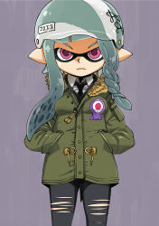 Rule 34 | 1girl, absurdres, asymmetrical hair, black necktie, black pants, blue hair, braid, breasts, buttons, closed mouth, coat, collared shirt, frown, fur collar, green coat, hands in pockets, helmet, highres, inkling, inkling girl, inkling player character, legs apart, long hair, long sleeves, looking at viewer, muramasa mikado, necktie, nintendo, pants, pink eyes, pocket, pointy ears, purple pupils, shirt, small breasts, solo, splatoon (series), splatoon 3, standing, straight-on, tentacle hair, tight clothes, tight pants, torn clothes, torn pants, white shirt