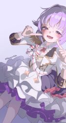 Rule 34 | 1girl, absurdres, aiguillette, amechiku, blush, breasts, cropped jacket, dutch angle, feet out of frame, fingers to cheeks, highres, idolmaster, idolmaster cinderella girls, koshimizu sachiko, layered skirt, looking at viewer, purple hair, simple background, skirt, small breasts, smile, solo, sweatdrop, twitter username, white background