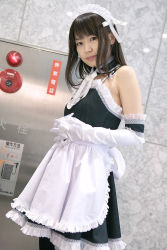 Rule 34 | 1girl, apron, asian, azumo yuiko, bare shoulders, blurry, cosplay, depth of field, detached collar, elbow gloves, gloves, highres, japanese (nationality), kore ga watashi no goshujin-sama, kurauchi anna, looking at viewer, maid, maid apron, maid headdress, nakabayashi yoshitaka&#039;s maid uniform, photo (medium), ribbon, solo, white gloves