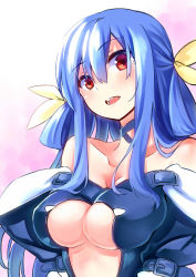 Rule 34 | 1girl, aki poi, arc system works, bare shoulders, belt, blue hair, blush, bow, breasts, center opening, choker, detached sleeves, dizzy (guilty gear), guilty gear, hair bow, highres, large breasts, red eyes, solo, underboob