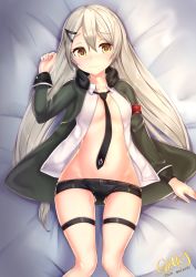 Rule 34 | 1girl, absurdres, armband, bed sheet, belt, black necktie, black shorts, blush, breasts, buckle, closed mouth, collarbone, collared shirt, embarrassed, eyes visible through hair, girls&#039; frontline, gluteal fold, gmkj, green jacket, hair between eyes, hair ornament, hairclip, highres, jacket, long hair, looking at viewer, lying, mg4 (girls&#039; frontline), micro shorts, necktie, on back, open clothes, open jacket, open shirt, shirt, short shorts, shorts, sidelocks, signature, silver hair, skindentation, small breasts, solo, thigh strap, thighs, twintails, very long hair, wavy mouth, white shirt, yellow eyes