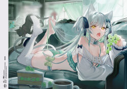 Rule 34 | 1girl, animal ears, bare shoulders, blush, bow, breasts, cat, cat ears, cat girl, cat tail, detached collar, detached sleeves, feet up, food, fruit, grapes, green bow, grey hair, holding, holding food, holding fruit, kawachi rin, long hair, looking at viewer, lying, medium breasts, on stomach, open mouth, original, panties, single thighhigh, solo, tail, thighhighs, thighs, underwear, underwear only, yellow eyes