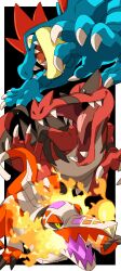 Rule 34 | 45 (maruyaki45), absurdres, animal focus, black background, black sclera, border, claws, colored sclera, creatures (company), crocodile, crocodilian, dated commentary, fangs, feraligatr, fire, game freak, gen 2 pokemon, gen 5 pokemon, highres, krookodile, looking at viewer, nintendo, no humans, open mouth, outside border, pokemon, pokemon (creature), sharp teeth, skeledirge, slit pupils, teeth, tongue, white border, yellow eyes