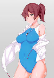 Rule 34 | 10s, 1girl, alternate costume, breasts, brown eyes, brown hair, covered erect nipples, covered navel, cowboy shot, female focus, gradient background, highres, kaga (kancolle), kanna kanaki, kantai collection, large breasts, off shoulder, one-piece swimsuit, scan, side ponytail, simple background, skin tight, solo, swimsuit, whistle