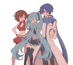 Rule 34 | 1boy, 2girls, aqua hair, belt, black pants, black skirt, black sleeves, black thighhighs, blue hair, blue scarf, breasts, brown hair, cleavage, closed eyes, coat, collarbone, crop top, detached sleeves, facing another, facing viewer, feet out of frame, futaba969649, grey shirt, hair between eyes, hair ornament, hand on another&#039;s head, hand on own hip, hand up, hands up, hatsune miku, headpat, headset, highres, holding, holding own hair, kaito (vocaloid), long hair, medium breasts, meiko (vocaloid), miniskirt, multiple girls, open mouth, pants, pleated skirt, profile, red skirt, scarf, shirt, short hair, simple background, skirt, sleeveless, sleeveless shirt, smile, standing, thighhighs, twintails, v-shaped eyebrows, very long hair, vocaloid, white background, white belt, white coat