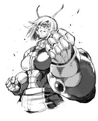 Rule 34 | 10s, 1girl, abs, antennae, breasts, female focus, fuse ryuuta, glasses, large breasts, michelle k. davis, monochrome, muscular, muscular female, red eyes, short hair, solo, terra formars, transformation, uniform, white background