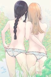 Rule 34 | 10s, 2girls, artist name, ass, back, bad id, bad twitter id, barefoot, black hair, bow, bow panties, braid, artistic error, frilled panties, frills, from behind, green panties, highres, kantai collection, kitakami (kancolle), long hair, matching outfits, multiple girls, no bra, ooi (kancolle), orange hair, panties, panties only, personification, ribbon, saki hajime, signature, topless, underwear, underwear only, wrong foot, yuri