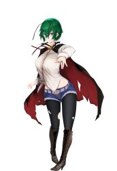 Rule 34 | absurdres, belt, black cape, blue shorts, boots, brown footwear, cape, denim, denim shorts, full body, glasses, green eyes, green hair, high heel boots, high heels, highres, jewelry, long sleeves, midriff peek, neck tassel, pantyhose, red cape, ring, shirt, short hair, short shorts, shorts, standing, tachi-e, tk31, torn clothes, torn pantyhose, touhou, transparent background, two-sided cape, two-sided fabric, white shirt, wriggle nightbug