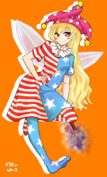 Rule 34 | 1girl, american flag dress, american flag legwear, blonde hair, blush stickers, clownpiece, contrapposto, dress, fairy wings, hand on own hip, hat, jester cap, kaya rio, naughty face, orange eyes, pantyhose, red eyes, simple background, solo, standing, striped clothes, striped dress, striped pantyhose, torch, touhou, wings