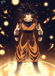 Rule 34 | 1boy, arms at sides, black eyes, black hair, blue footwear, boots, clenched hands, dark background, darkness, dougi, dragon ball, dragon ball (object), dragonball z, full body, glowing, grin, highres, legs apart, lens flare, light, light particles, light rays, looking at viewer, male focus, orange theme, pectorals, shaded face, signature, smile, solo, son goku, spiked hair, standing, tasaka shinnosuke, wristband