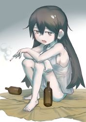 Rule 34 | 1girl, absurdres, alternate hair length, alternate hairstyle, barefoot, black eyes, black hair, bottle, breasts, bright pupils, cigarette, commentary, cookie (touhou), full body, gradient background, grey background, hair between eyes, hakonnbo, highres, kofji (cookie), long hair, looking at viewer, naked shirt, open mouth, pale skin, shirt, sideboob, sitting, sleeveless, sleeveless shirt, smoking, solo, white pupils, white shirt