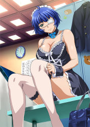 Rule 34 | 00s, 1girl, artist request, bag, black dress, blue hair, breasts, cleavage, clock, collar, collarbone, dress, eyepatch, green eyes, ikkitousen, indoors, large breasts, locker, locker room, looking at viewer, maid headdress, medical eyepatch, mole, mole under eye, mole under mouth, official art, ryomou shimei, school bag, short hair, sitting, smile, solo, thighhighs, white thighhighs