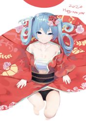 Rule 34 | 1girl, absurdres, aqua eyes, aqua hair, aqua nails, bare legs, bare shoulders, black panties, breasts, closed mouth, collarbone, commentary request, dutch angle, english text, flower, from above, hair between eyes, hair flower, hair ornament, hatsune miku, highres, japanese clothes, kimono, long hair, looking at viewer, nail polish, nengajou, new year, off shoulder, open clothes, open kimono, panties, red kimono, rose, sarashi, sidelocks, simple background, sitting, small breasts, smile, solo, twintails, underwear, vocaloid, white background, zeppeki shoujo