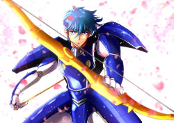 Rule 34 | 1boy, anrinu, armor, arrow (projectile), blue hair, bow (weapon), expressionless, hashiba touma, holding, holding arrow, holding bow (weapon), holding weapon, looking at viewer, male focus, pauldrons, petals, ronin warriors, short hair, shoulder armor, solo, weapon, white background, yoroiden samurai troopers