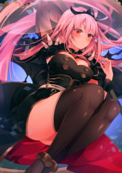 Rule 34 | 1girl, ankle boots, arm up, armpit peek, ass, belt, black nails, blue background, blunt bangs, blush, boots, breasts, brown thighhighs, buttons, capelet, cleavage, cloak, dress, fingernails, from below, fromchawen, gold trim, hand up, highres, holding, holding scythe, hololive, hololive english, knees, large breasts, legs, long hair, looking at viewer, mori calliope, nail polish, pink hair, red eyes, red lining, scythe, shoulder spikes, sitting, solo, spikes, strapless, strapless dress, thighhighs, thighs, tiara, veil, very long hair, virtual youtuber, wrist cuffs