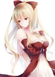 Rule 34 | 1girl, bad id, bad pixiv id, bare shoulders, blonde hair, bow, breast hold, breasts, closed mouth, detached sleeves, dress, granblue fantasy, hair bow, large breasts, long hair, looking to the side, ponytail, red bow, red eyes, solo, strapless, strapless dress, very long hair, vira (granblue fantasy), yue (lov n n)