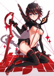 Rule 34 | &gt;:(, 10s, 1girl, bad id, bad pixiv id, black hair, blue eyes, blush, boots, breasts, copyright name, frown, full body, high heel boots, high heels, highres, horns, kill la kill, looking at viewer, matoi ryuuko, medium breasts, midriff, multicolored hair, phantania, red hair, revealing clothes, revision, scissor blade (kill la kill), senketsu, short hair, silhouette, sitting, skirt, sparkle, suspenders, sword, thigh boots, thighhighs, two-tone hair, underboob, v-shaped eyebrows, weapon